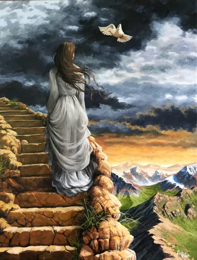 Overcoming the World: A female figure, accompanied by a dove, climbing stone stairs high up in the air.
