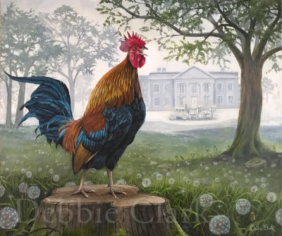 The Rooster Crows: A rooster standing on a tree stump within the grounds of a stately home as the master returns.