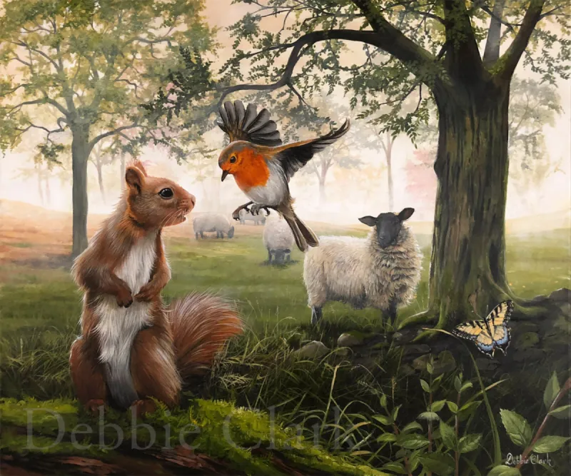 According to Their Kinds: A red squirrel, robin redbreast, sheep in the field and butterfly.