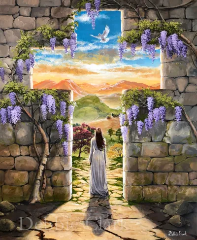 Life Entrance to Eternity: A wall with a cross shaped gap, wisteria, a beautiful landscape and female figure representing the bride of Christ.