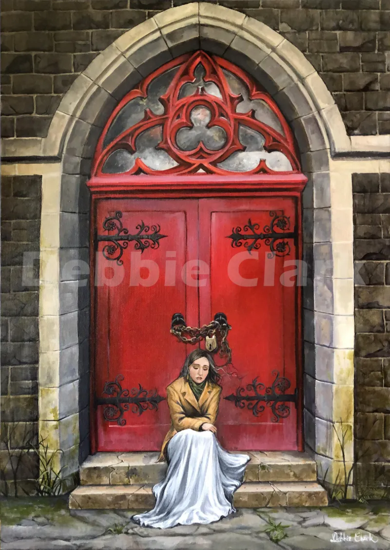 No Sanctuary for The Lost: A disappointed woman sitting on the steps of a church door that is locked up with chains.