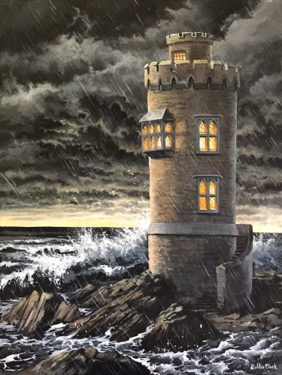 The Strong Tower: A castle tower with warm lights on the inside and a stormy sea and sky on the outside. In order to seamlessly pass through customs, I may request a contact number that I can pass on to the courier.