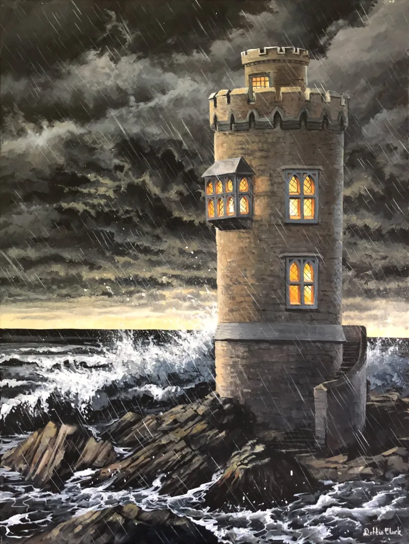 The Strong Tower: A castle tower with warm lights on the inside and a stormy sea and sky on the outside. In order to seamlessly pass through customs, I may request a contact number that I can pass on to the courier.