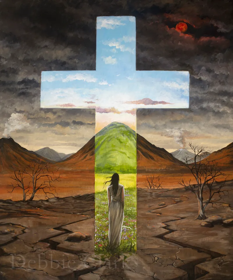 The Narrow Gate: A desolate and dead landscape but through the cross where a woman has stepped through, has life.
