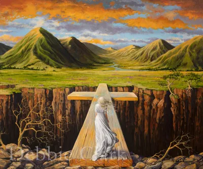 The Bridge: A woman in a white dress representing the "bride of Christ" stepping over a cross shaped bridge towards a beautiful landscape. The journey from death to life eternal through the cross.