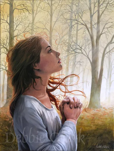 The Spirit of Truth: A praying girl in communion with the Holy Spirit in a misty forest with golden light.