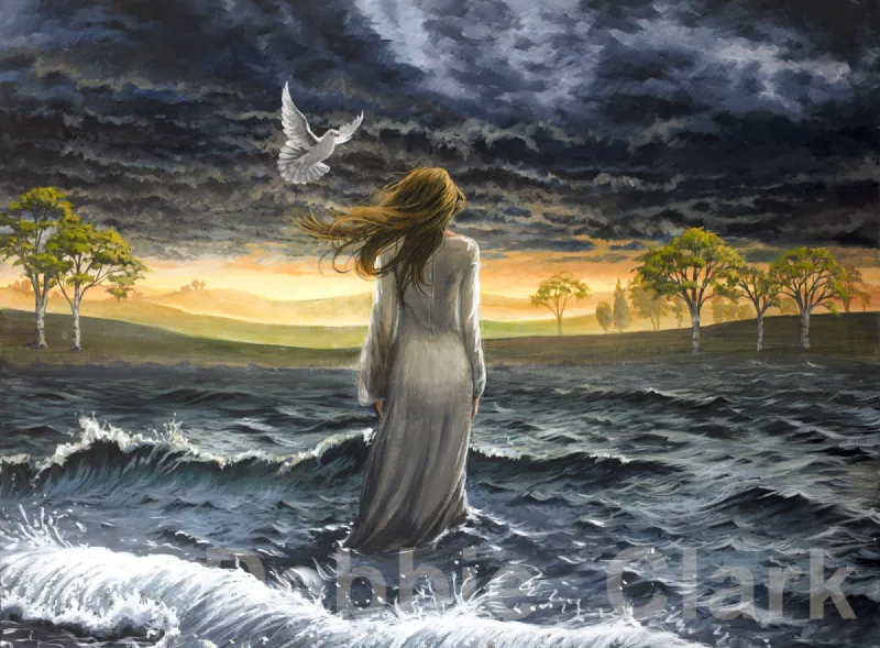 Walking Through Stormy Waters: A woman walking into choppy water accompanied by a white dove.