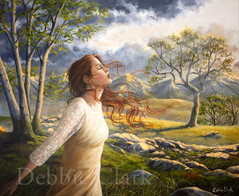 Shine Your Light on Me: A girl basking in light in a beautiful landscape.