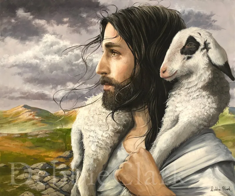 Jesus Carries His Sheep: Jesus Christ with a happy looking sheep hoisted around His shoulders.