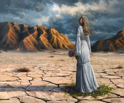 The Waiting Bride: A woman in a white dress looking up to the sky. The landscape is dry and baron but the ground beneath her is green. She is a symbol of the Bride of Christ waiting in a dying world for her Saviour to return.