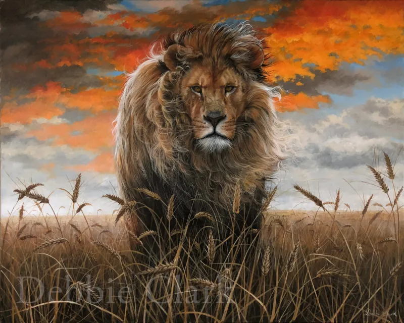 Return of The Lord: A painting of a lion (Lion of Judah) strutting forward through a wheatfield representing the time of the harvest of souls.