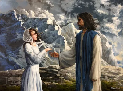 The Righteous Right Hand: A woman and Jesus in a mountainous landscape. The woman is wearing a white dress representing the "bride of Christ" and she is reaching to take the righteous right hand of Jesus.