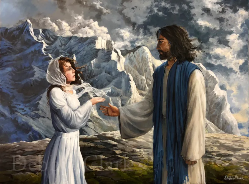 The Righteous Right Hand: A woman and Jesus in a mountainous landscape. The woman is wearing a white dress representing the "bride of Christ" and she is reaching to take the righteous right hand of Jesus.