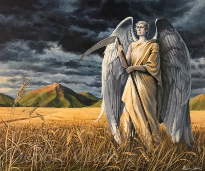 Angel of The Harvest: An reaper angel standing in a wheat field holding a sickle.