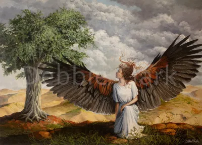 Woman With Eagles Wings: A powerful painting featuring a kneeling woman with eagle wings in front of an olive tree to represent those who belong to Christ.
