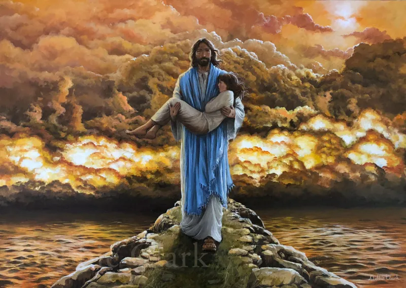 Jesus Saves: A powerful painting featuring Jesus Christ rescuing a woman from destruction.