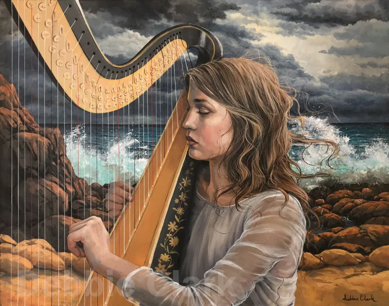 The Harpist: A woman playing a harp in the midst of a stormy sea.