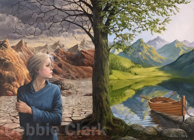 A Boat Called Rest: A tree with one half bare and in a dead and dried up landscape and the other half full of leaves in a lush landscape with a lake and boat called Rest. The woman is in the desolate half of the painting contemplating….