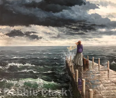 Waiting on Him: A woman with luggage waiting eagerly on the end of a pier for The Lord to come for her. The sea and sky around her is stormy which is representative of the rising turbulence in the world. .