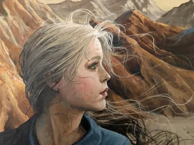 A Boat Called Rest: A tree with one half bare and in a dead and dried up landscape and the other half full of leaves in a lush landscape with a lake and boat called Rest. The woman is in the desolate half of the painting contemplating….