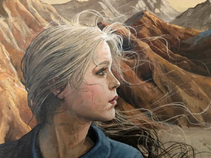 A Boat Called Rest: A tree with one half bare and in a dead and dried up landscape and the other half full of leaves in a lush landscape with a lake and boat called Rest. The woman is in the desolate half of the painting contemplating….