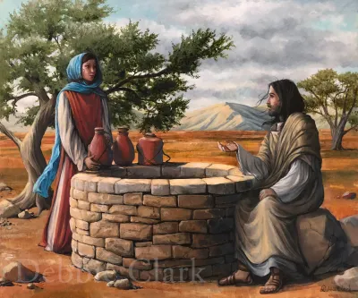 The Samaritan Woman: Jesus by the well, talking with the Samaritan woman.