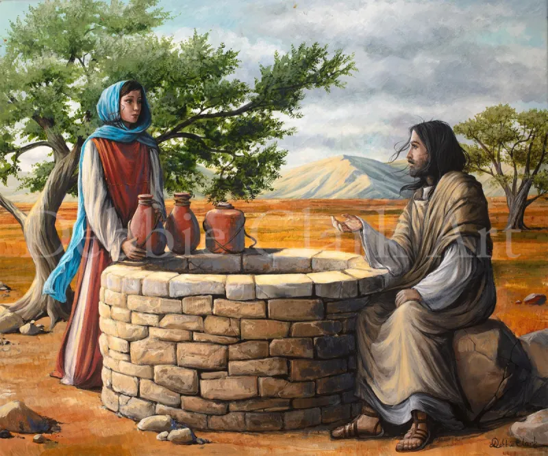 The Samaritan Woman: Jesus by the well, talking with the Samaritan woman.