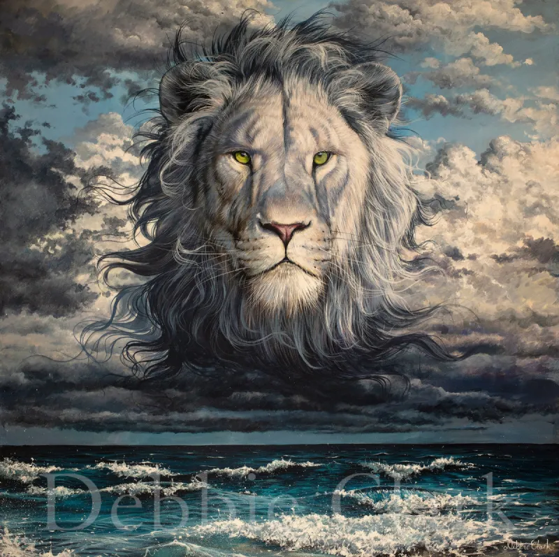 Power and Glory: The Lion of the Tribe of Judah in the sky over crashing waves.