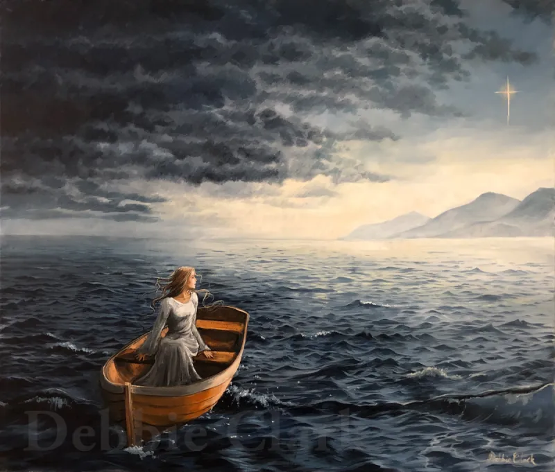Lost at Sea: A woman in a boat out at sea. She is looking back and there is a light and a cross shaped star. She is being helped to find the safety of dry land.