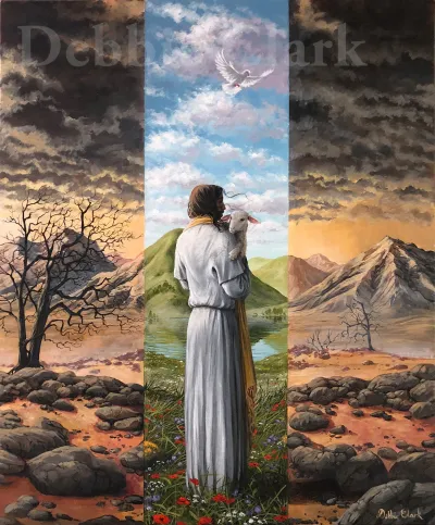 Narrow is The Gate: Jesus holding a lamb and standing in a beautiful landscape. Beyond the boundery of the narrow band is a desolate landscape.
