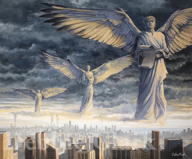 Angels Of Revelation: Three angels in the sky over a city.