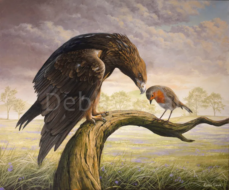 The Humble Robin: A golden eagle and a bowing robin as an unlikely pair showing kindness towards one another.
