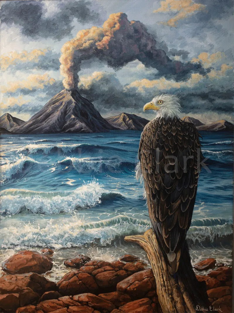 Eagle By Roaring Water: A bald eagle by stormy sea and a volcano in the background.