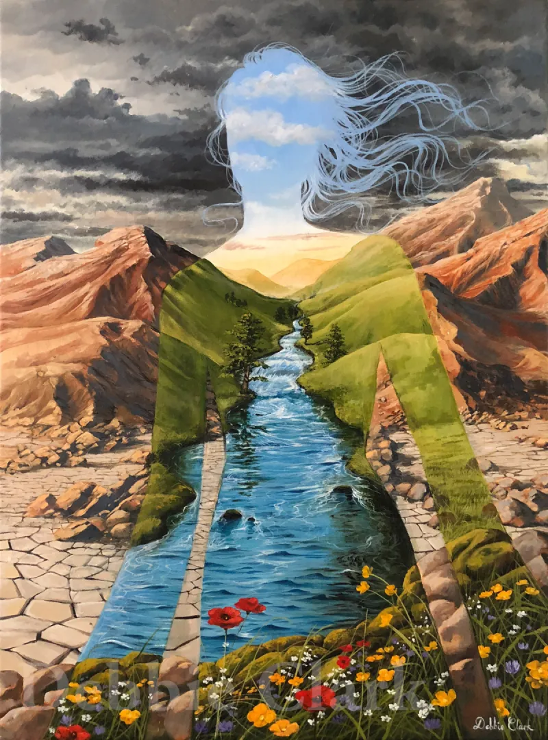 River of Living Water: A floral scene and river within a silhouette of a woman.