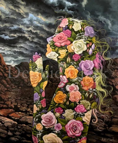 Spirit Made Alive: A silhouette of a praying woman filled with flowers in a desolate landscape setting.