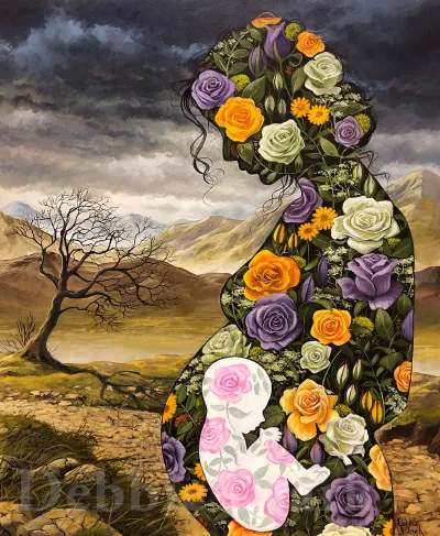 Fearfully and Wonderfully Made: A silhouette of a pregnant woman filled with flowers in a landscape setting.