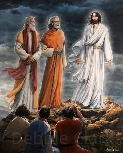The Transfiguration: Jesus, Elijah and Moses glorified on the mountain.