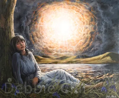 Time to Wake Up: A sleeping woman by a tree with sky opening up to a bright light behind her alluding to the return of our Lord.
