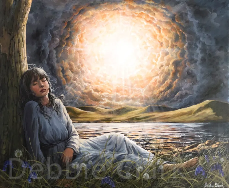 Time to Wake Up: A sleeping woman by a tree with sky opening up to a bright light behind her alluding to the return of our Lord.