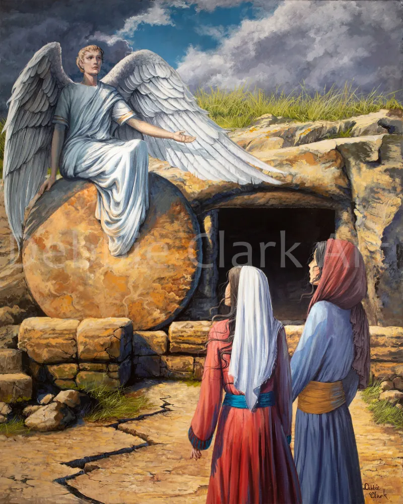 Resurrection: A scene from the resurrection of Jesus Christ - An angel sitting on the door of the Tomb and Mary Magdalene and Mary.
