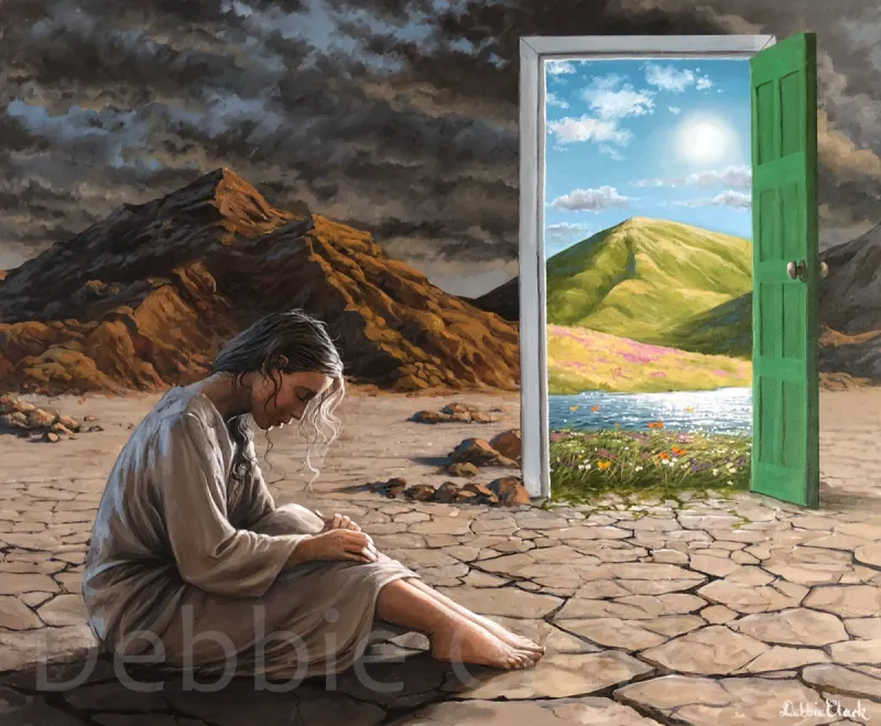 The Door to Life: A sorrowful woman in a desolate landscape and a doorway to a beautiful place.