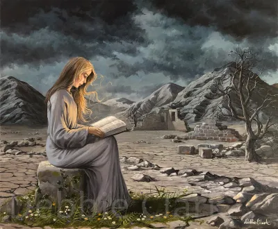 The Living Word: A woman in a desolate landscape, reading the bible with grass and flowers growing around her.