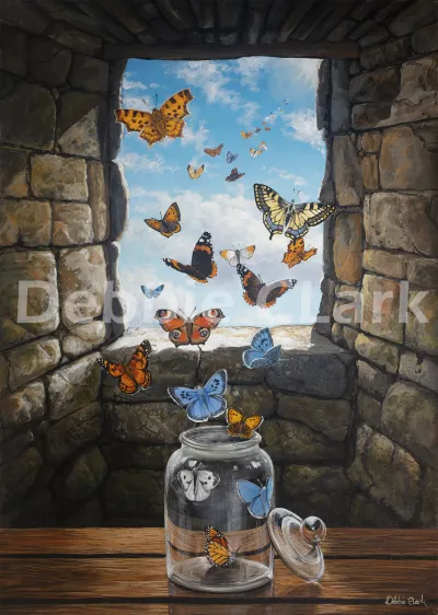The Spirit of Freedom: An opened jar with butterflies being set free and flying out of a window into the distance.
