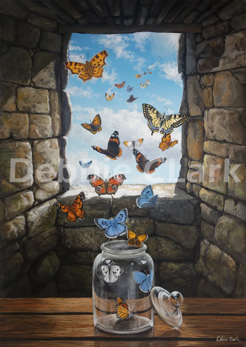 The Spirit of Freedom: An opened jar with butterflies being set free and flying out of a window into the distance.