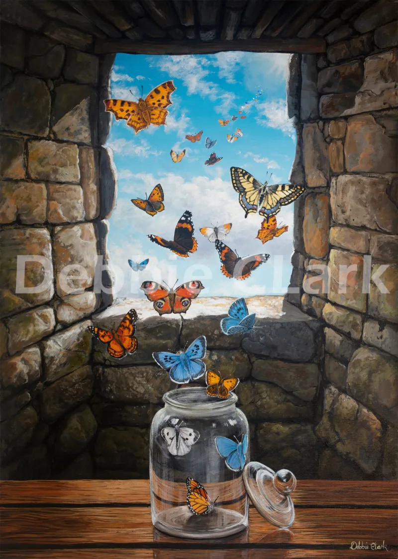 The Spirit of Freedom: An opened jar with butterflies being set free and flying out of a window into the distance.