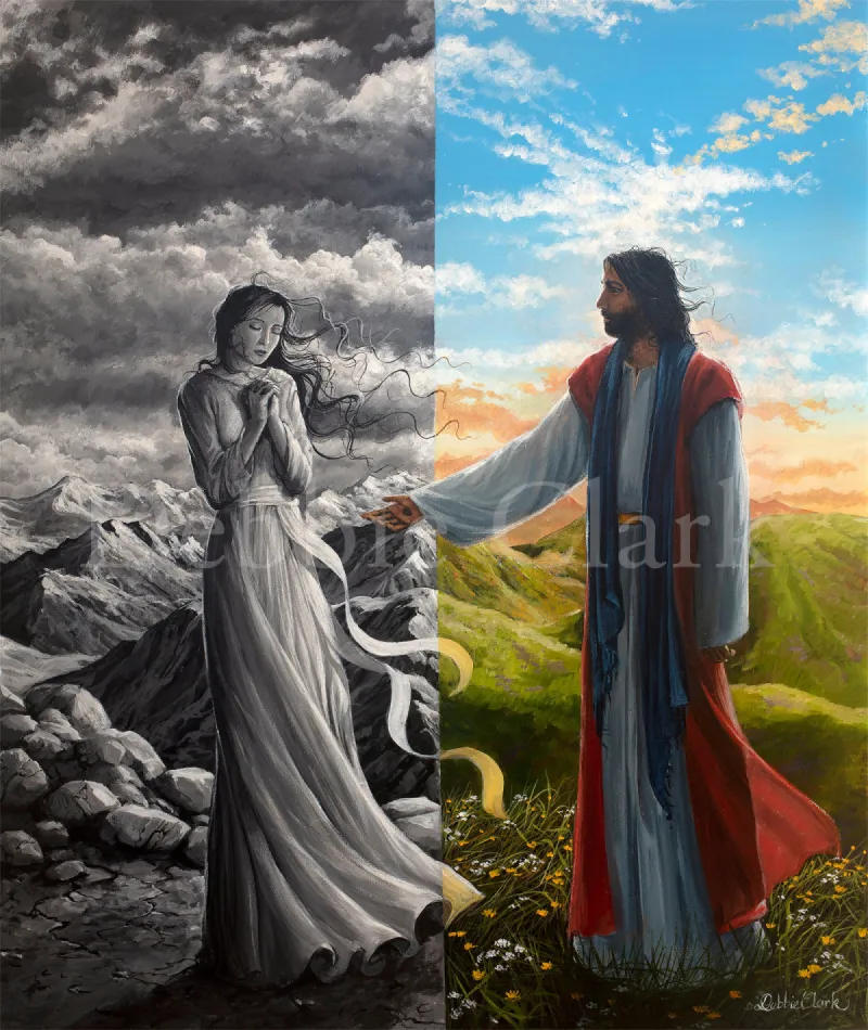 Jesus Saves: Jesus Christ in a colourful landscape reaching out to a praying woman in a grey landscape.