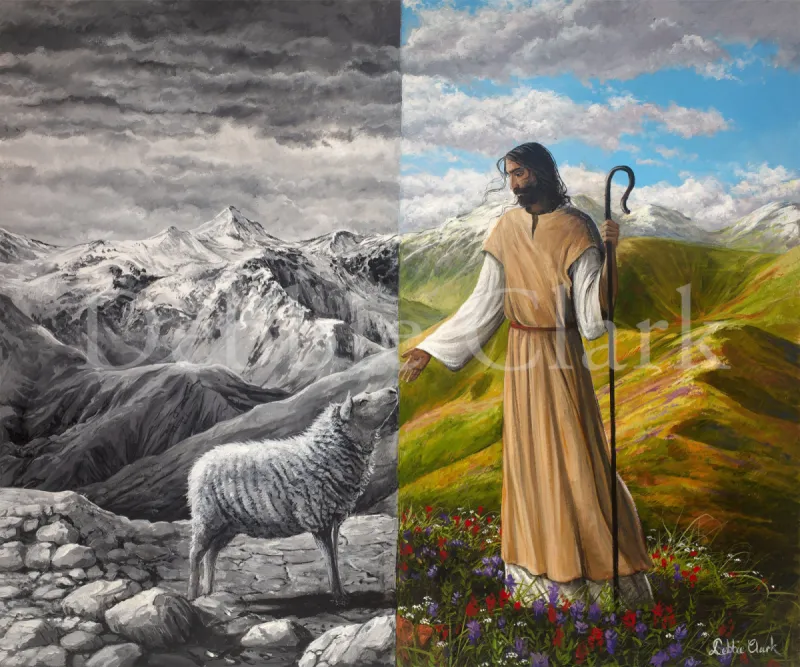 Follow Me: Jesus Christ in a colourful landscape reaching out to a sheep in a grey landscape.