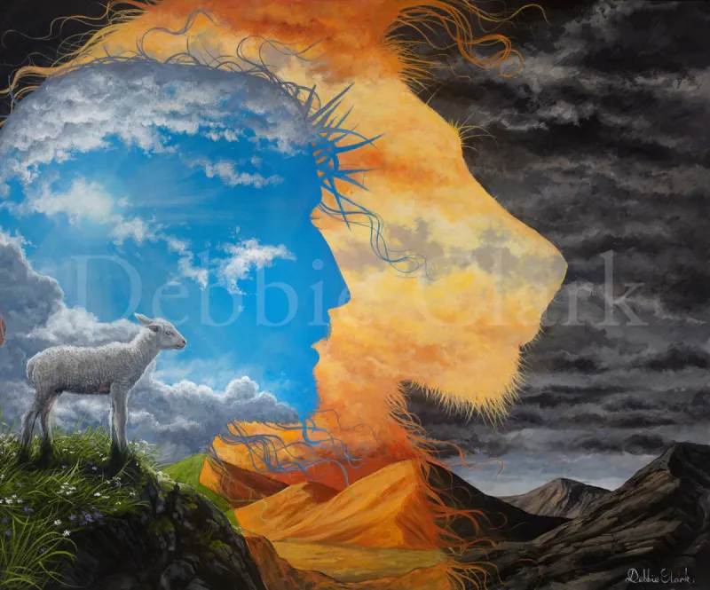 The Lamb of God: A lamb within a silhouette of Jesus Christ and within a further silhouette of a lion.