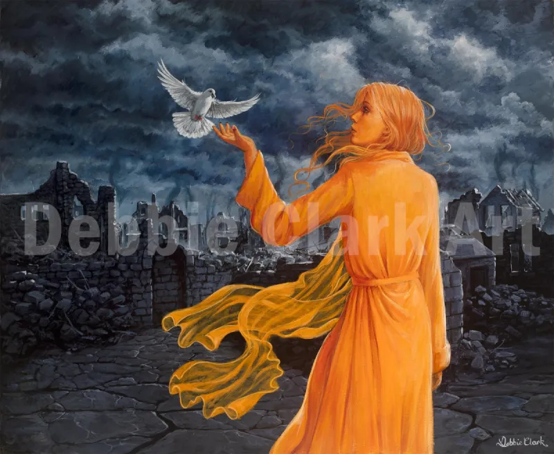 Born of The Spirit: A woman with the warmth of the presence of God in her, a dove representing The Holy Spirit contrasted against desolate world.