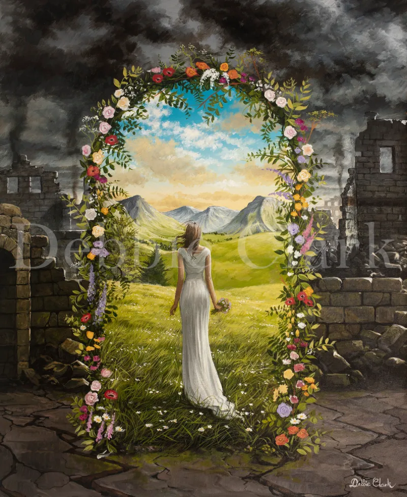 Delivered from Darkness: A bride representing the born again church of God, enters into a beautiful landscape through and arch of flowers. Outside the flower is a dark and desolate scene.